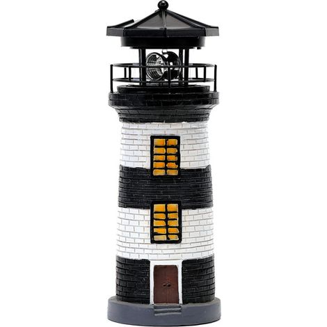 Solar Lighthouse Resin Rotating Light for Yard (Black and White) (1/5)