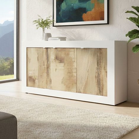 Dmora - Credenza Faustin, Buffet da soggiorno, Madia da salotto, Dispensa da cucina, Made in Italy, 160x43 h86 cm, Bianco e Acacia (1/4)