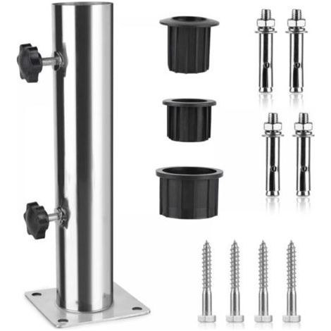 Parasol Tube, Parasol Base, Adjustable Stainless Steel Parasol Support with 3 PVC Reducing Rings (32/38/48mm), Parasol Base with 8 Steel Nails (1/4)