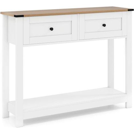 Table console champêtre avec 2 tiroirs, table d'entrée de 106 cm - blanc (1/5)