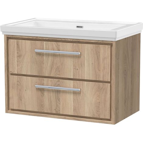 Longnor 2 Drawer Wall Hung Vanity Unit with 0 Tap Hole Traditional Fireclay Basin, Light Oak, 800mm