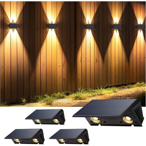Lampada da parete a energia solare - Lampada solare da esterno - Luce verso l'alto e verso il basso - 4 LED - Lampada da parete da esterno impermeabile - Bianco caldo - Per giardino, balcone, terrazzo (1/5)