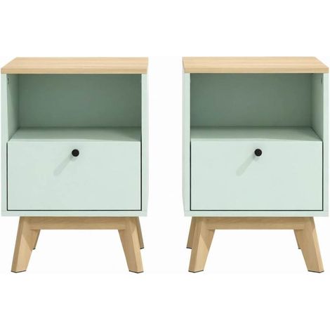 Set aus 2 modernen Nachttischen aus MDF in Hellgrün mit Eichenoptik, 1 Schublade (1/5)
