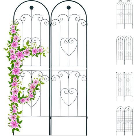 Relaxdays Rankgitter 2er Set, Metall, 180 x 50 cm, Rankhilfe Garten, Rundbogen, Blume & Herz, zum Stecken, dunkelgrün