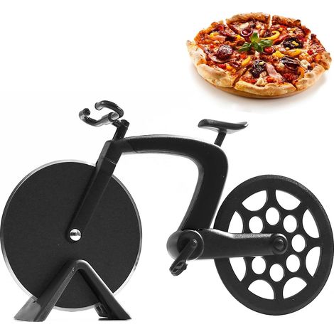 Cortador de pizza en forma de bicicleta, antiadherente, con soporte, cuchillas superafiladas, ideal para cortar pizza, decoración ideal y regalo creativo (19 x 10,3 cm, negro) (1/5)