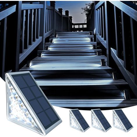 Juego de 4 luces solares exteriores para escaleras, de luz blanca fría, con clasificación de impermeabilidad IP67, ideales para suelos, porches, patios, pasillos, jardines y entradas de garaje. (1/5)