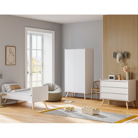 Komplettes Babyzimmer Mitwachsendes Babybett 70x140 Wickelkommode und 2-türiger Schrank Vox Vintage Weiß und Holz (1/5)