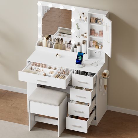 DYHOME Coiffeuse avec Tabouret, avec Miroir LED Prise et 2 Port USB, 4 Tiroirs de Rangement, Blanc, 94×40×139cm (1/5)