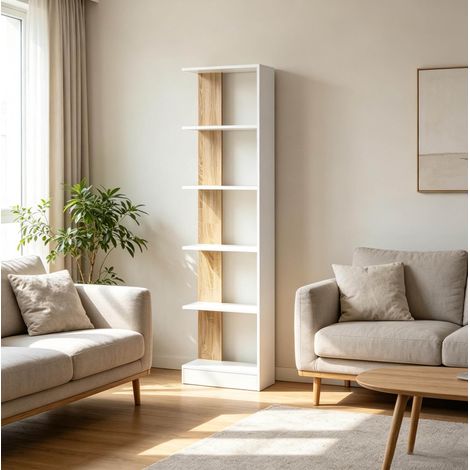 Libreria aperta da terra, 45 x 21 x 170 cm, 5 scomparti, bianco e quercia DESVIAE (1/5)