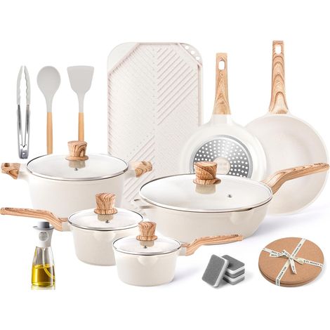 Induction Set de casseroles et poêles avec couvercles Antiadhésif Batterie de cuisine avec poêle à griller Set d'essentiels de cuisine Granit Poêle à frire Sauteuse Poêle à sauce Spatules (1/5)