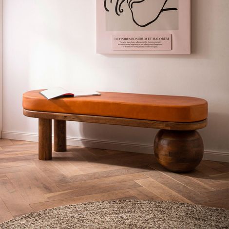 Banc design 140x40x47 cm en cuir cognac et bois de manguier marron