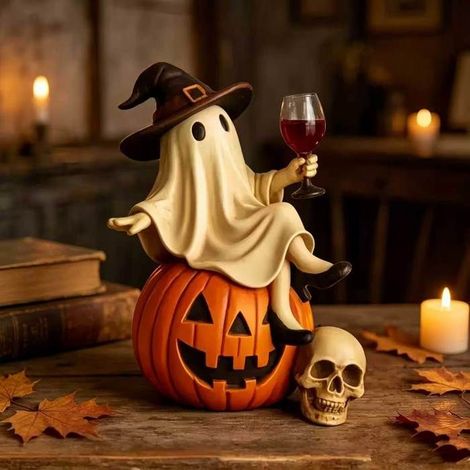 Statue fantôme résine avec verre de vin - Halloween - Déco de table - Accessoire original - Verre à vin rouge (1/5)