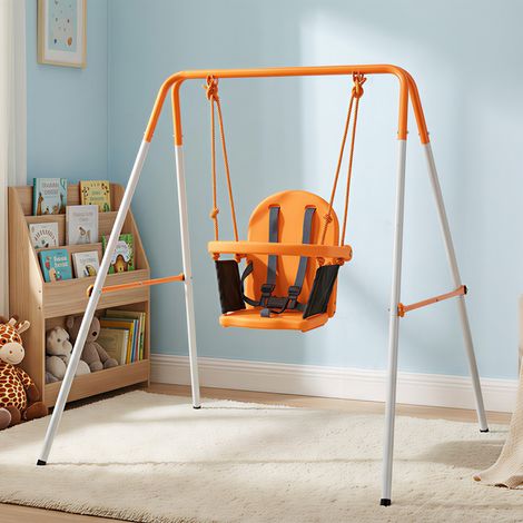Babyschaukel, Gartenschaukel aus Stahl mit Rückenlehne und Sicherheitsgurt, Tragkraft 25 kg, Orange