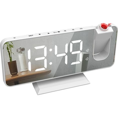Réveil projecteur, horloge électronique, grand écran, fonction snooze, blanc (1/5)