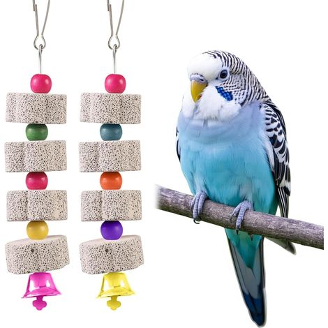 2 Pieces Bird Chew Toy with Pumice Stone Blocks, 18x4.5 cm Bird Teeth Grinding Chew Treats Toy with Colorful Wooden Beads and Bell, Hanging Bird Cage Accessories for Parakeets, Cockatiels and Conures (1/2)