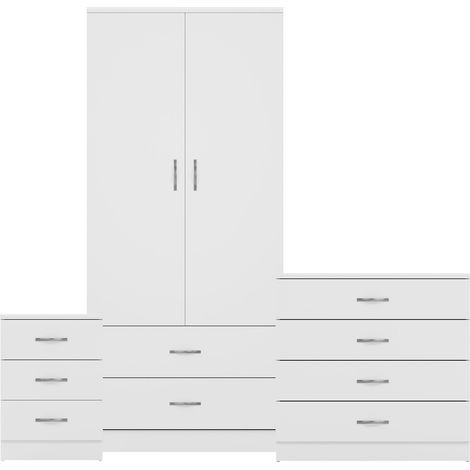 Riano 3 Piece Bedroom Set (3 Drw Bedside Chest, 4 Drw Chest, 2 Dr 2 Drw Wardrobe), White (1/3)
