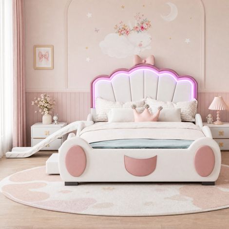 Cama infantil 140x200 cm tipo mariposa, con LED de color cambiante, tobogán y escalera lateral, en cuero regenerado y MDF, rosa y blanco, para dormitorio juvenil  CHICFURN (1/5)