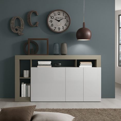 Dmora Aparador moderno 3 puertas, Made in Italy, Aparador de cocina, Buffet de diseño salón, 146x42h93 cm, Blanco brillo y color Pera (1/5)