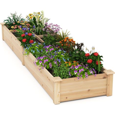 COSTWAY huerto Urbano Exterior, 228 x 62 x 25 cm, Jardinería Elevada de Madera, Cama Elevada de Jardín con 2 Cajas de Cultivo y Divisores para Flores, Vegetales, Jardineras para Patio Jardín Césped