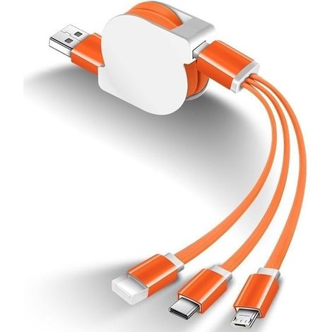 Neues einziehbares Schnellladekabel für USB-C, Typ-C, iOS und Micro-USB, 1 m Länge, 1 Stück (orange) (1/5)