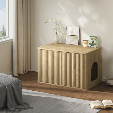 Armario oculto para caja de arena de gato de 80 cm de ancho, multifuncional como un amplio arenero y mesa auxiliar, estilo boho moderno y aspecto de madera natural, adecuado para sala de estar, pasill (1/5)