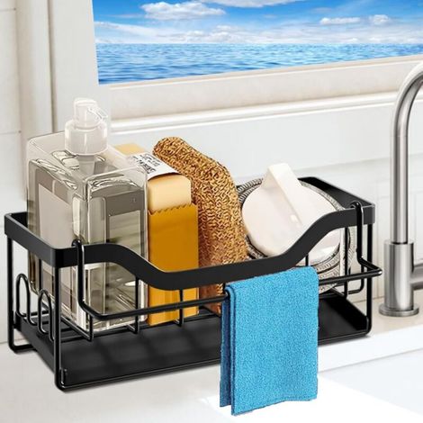 Bardusch-Porte-éponge pour évier de cuisine - Organisateur d'évier avec bac de vidange automatique, étagère de rangement de comptoir en acier inoxydable, noir (1/5)