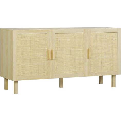 HOMCOM aparador 3 puertas de rejilla de ratán aparador para salón nórdico con estantes ajustables para comedor entrada dormitorio natural 136x41x70 cm (1/5)