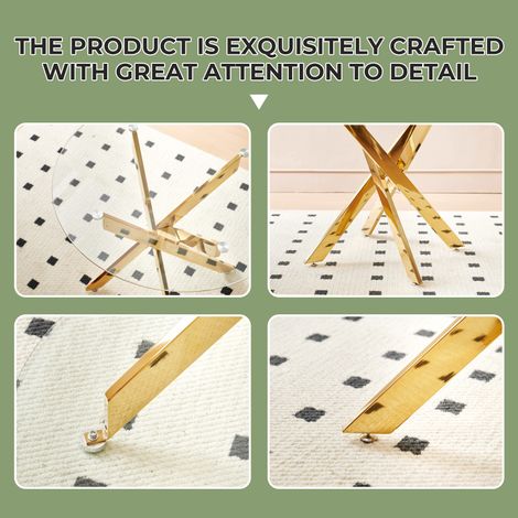 Table ronde en verre trempé avec pieds croisés métal chromé, table de cuisine moderne gain d’espace pour salon, pieds dorés, 80x80x75cm. (1/5)