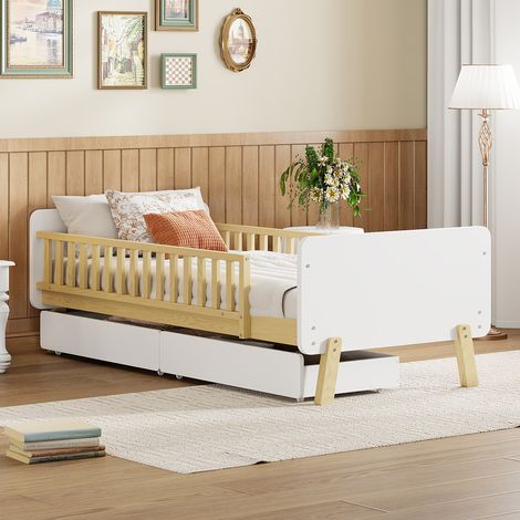Lit simple enfant 90x190 cm, bois massif blanc avec 2 tiroirs de rangement et sommier à lattes intégré (1/4)