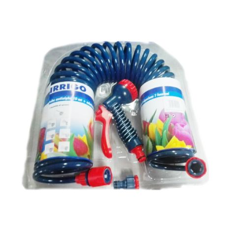 Kit tuyau spirale' Irrigo 10mt avec pistolet et robinetterie 3/4" pistolet multifonction de'bit 4 bar pour irrigation et lavage
