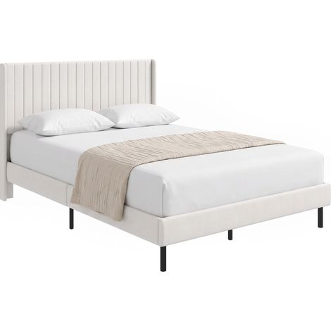 Cadre lit 140x200 cm tête lit réglable. Sommier tapissé 12 lattes. Beige. (1/5)