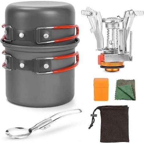 Batterie de cuisine d'extérieur pour le camping, la randonnée et les pique-niques : casserole, poêle et réchaud en alliage d'aluminium avec poignée anti-brûlure, idéal pour l'alpinisme et le camping.