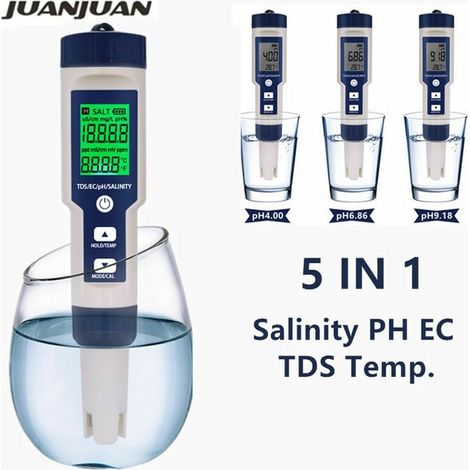 Testeur de température numérique PH TDS EC 5 en 1, testeur de salinité, conductivité, filtre à eau, pureté, stylo avec rétroéclairage (1/5)