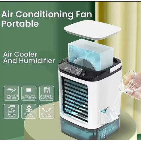 Mini refroidisseur d'air 12 W avec fonction brumisateur, réservoir 900 ml, alimentation USB 5 V, ventilateur portable pour bureau et chambre (1/2)