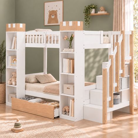 Lit superposé enfant 90x200 cm - lit cabane - escalier avec rangement - grand tiroir - barrière - design château - pin massif - Blanc et naturel (1/5)