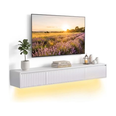 Meuble TV Suspendu Flottant 160 cm Éclairage LED et Prises Blanc (1/5)