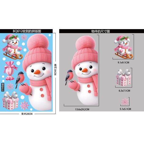 Autocollants décoratifs roses pour fenêtres, sapin de Noël, bonhomme de neige, autocollants pour fenêtres, cerf de Noël, flocons de neige, autocollants statiques