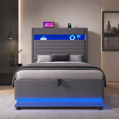 Cama 90x200 cm con almacenaje hidráulico, cabecero acolchado, LED regulable, puertos USB y USB-C, sin colchón, en tela gris, ideal para dormitorio CHICFURN (1/5)