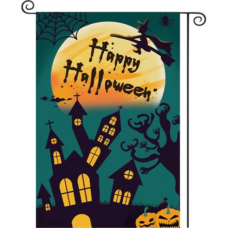 Bannière de jardin d'Halloween avec imprimé crâne, citrouille et visage de fantôme, en polyester, style américain, à suspendre en extérieur - 30 x 40 cm (polyester double face) - WSJ-17