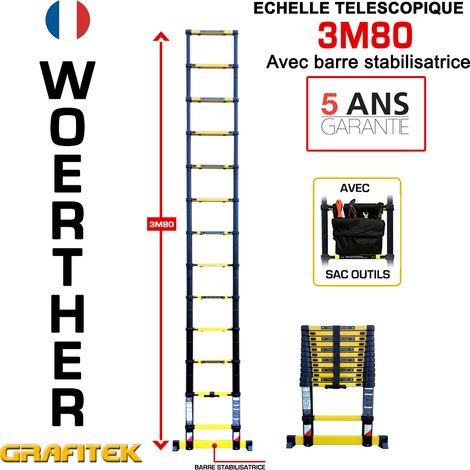 Woerther – Échelle télescopique 3m80 – Barre stabilisatrice – Charge maximale 150Kg – Aluminium 7175T6 – Verrouillage automatique des paliers