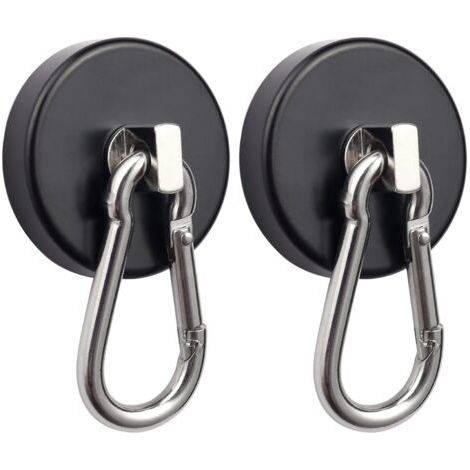 Zwei schwarze Magnet-Haken mit drehbaren Karabinern, maximale Zugkraft von 75 kg, zur Aufhängung. (1/5)