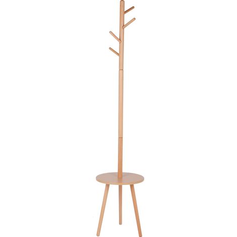 Portemanteau sur pied en bois de hêtre avec table d'appoint intégrée, design stable et écologique pour entrée ou salon, 170 cm (1/4)