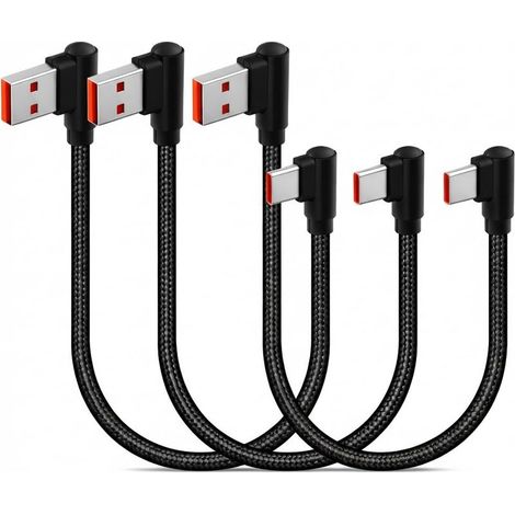 90 Degrés Câble USB C Coudé, 3 Pièces 30cm Court Nylon Tressé Câble USB A vers USB C Charge Rapide Compatible avec Samsung S25/24/23 A54/34 Huawei P40/30 Power Bank (1/5)