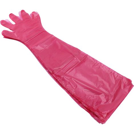 Lot de 100 gants longs jetables en plastique, sûrs, fiables et polyvalents, pour soins vétérinaires sur le terrain (rouge). (1/5)
