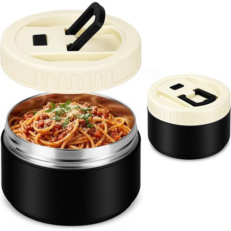 Boîte Alimentaire Isotherme 520ml, Thermo Isolant Contenant, Aliments en Acier Inoxydable à Double Couche, Étanche, pour la conservation du,Soupes,Bouillie, pour Ecole, Bureau, Camping-Noir (1/5)