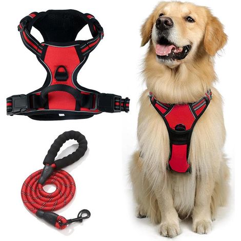 Harnais pour chien TuseRxln - Laisse pour chien - Nylon Oxford robuste avec sangles réfléchissantes et poignée souple - 2 pièces - Pour chiens moyens à grands - Rouge (1/5)