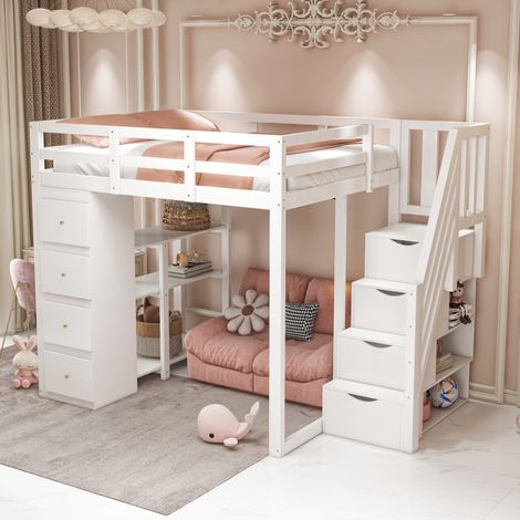 Letto a soppalco 140x200 cm bianco in legno con 4 cassetti e ripiani (1/5)