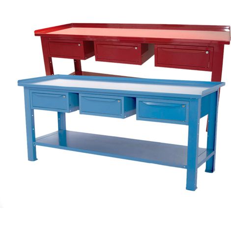 Banco da lavoro SOGI 2 metri con piano in acciaio portata 1000 kg + 3 cassetti - blu/rosso, ColoreBlu (1/5)