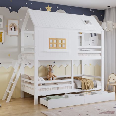 Litera infantil de madera maciza y MDF blanco y natural 90x200 cm, con cajones, escalera y somier de láminas (1/5)
