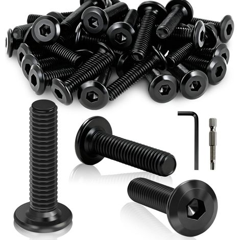 Lot de 40 vis à tête plate à six pans creux M6 x 25 mm, noir, en acier inoxydable A2 V2A, filetage complet, avec clé Allen et embout de tournevis pour meubles, chaises de parc, appareils électriques (1/5)